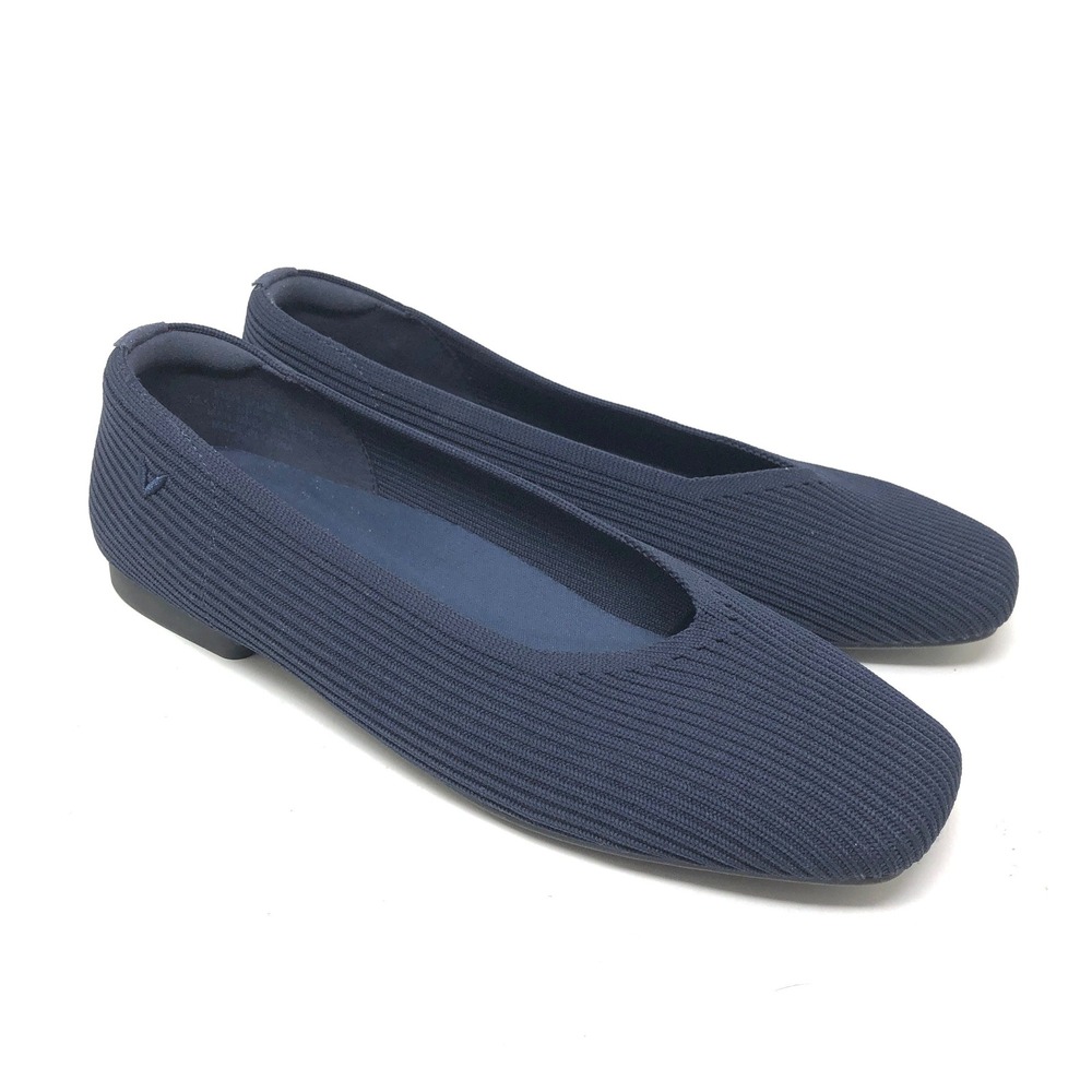 VIVAIA Womens 38.5 Margot 2.0 Square Toe V-Cut Flats Navy Blue Ribbed Knit